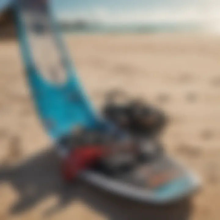 Kiteboarding equipment displayed on the beach