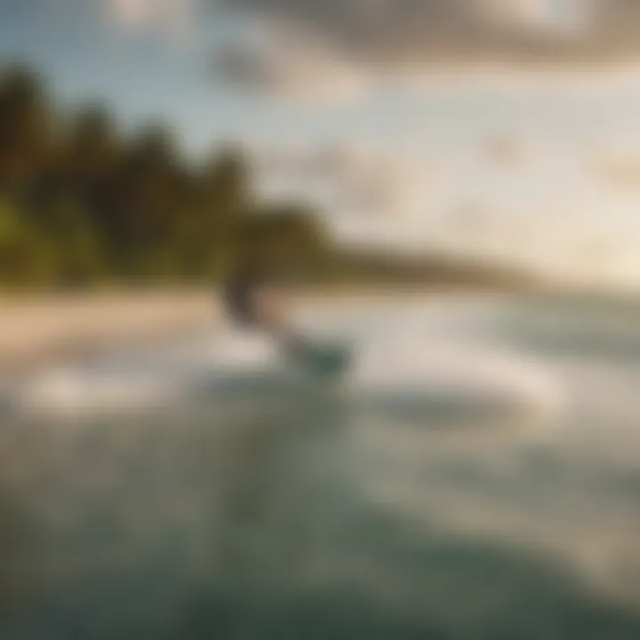 Sun-kissed beach with kiteboarders in action against a stunning backdrop