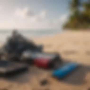 Kiteboarding equipment lined up on a picturesque beach in the Dominican Republic