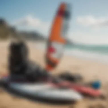 Kiteboarding equipment laid out on the beach