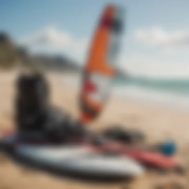 Kiteboarding equipment laid out on the beach