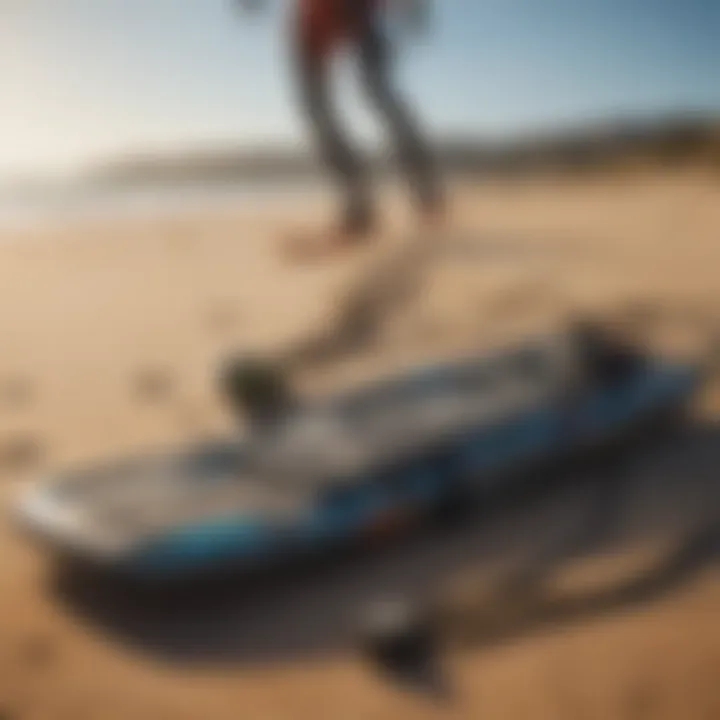 An array of kiteboarding gear displayed on a sandy beach