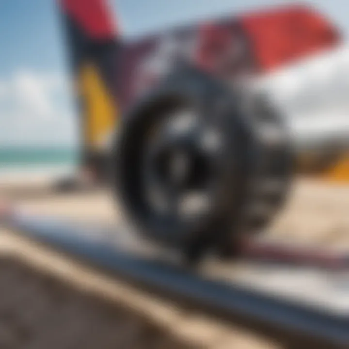 Close-up of intricate kiteboarding equipment against beach backdrop