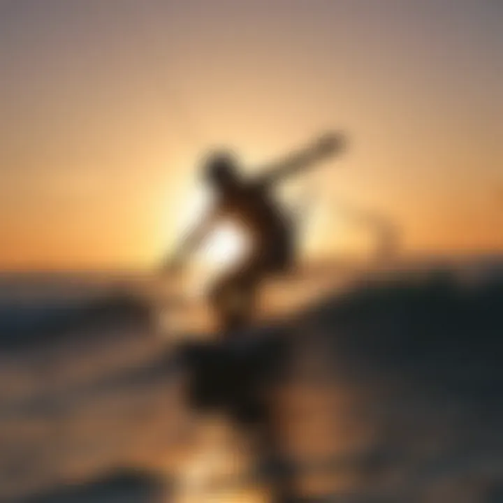 Sunset silhouette of a kiteboarder carving through the waves