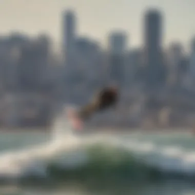 Kiteboarder riding the waves with city skyline backdrop