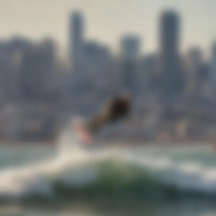 Kiteboarder riding the waves with city skyline backdrop