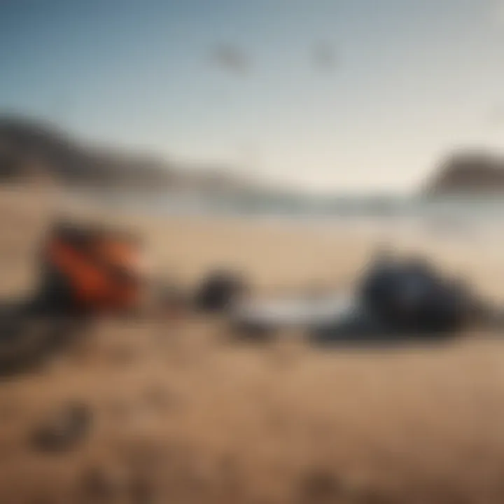 Kiteboarding gear laid out on sandy beach with seagulls flying overhead