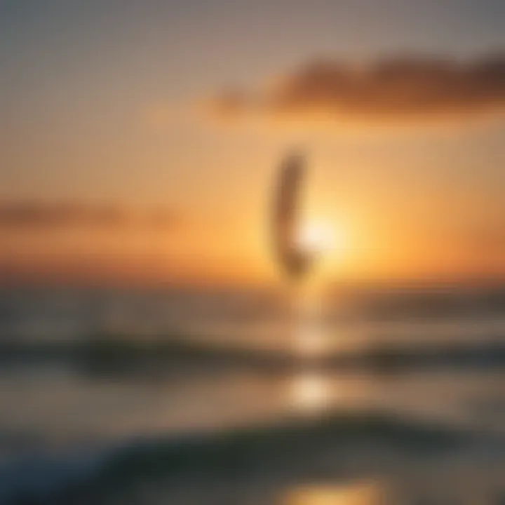 A scenic view of kiteboarders riding the waves at sunset