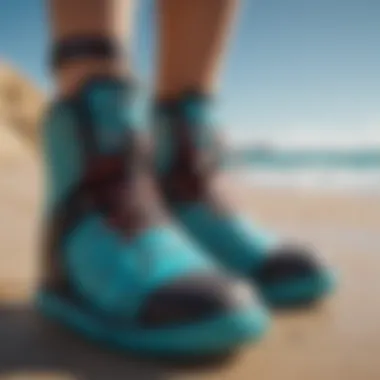 Close-up of kitesurf booties in vibrant turquoise color