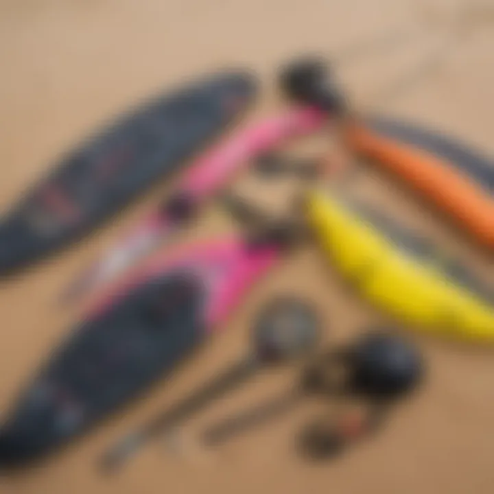 Close-up of colorful kitesurfing gear laid out on a sandy beach