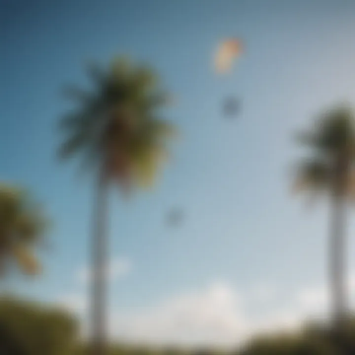 Kitesurfer performing impressive aerial tricks against a backdrop of palm trees