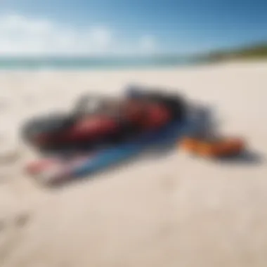 Kitesurfing gear laid out on a pristine white sandy beach