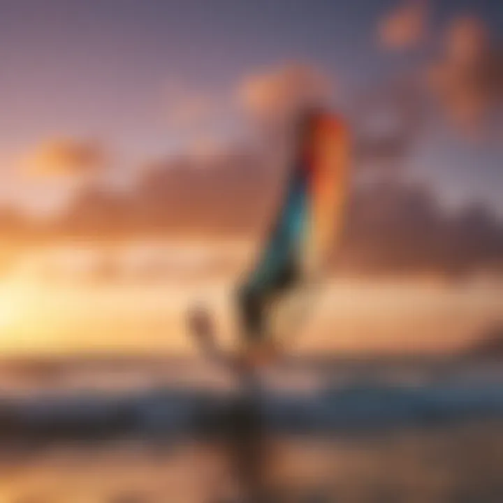 Colorful kites soaring in the sky against a sunset backdrop.