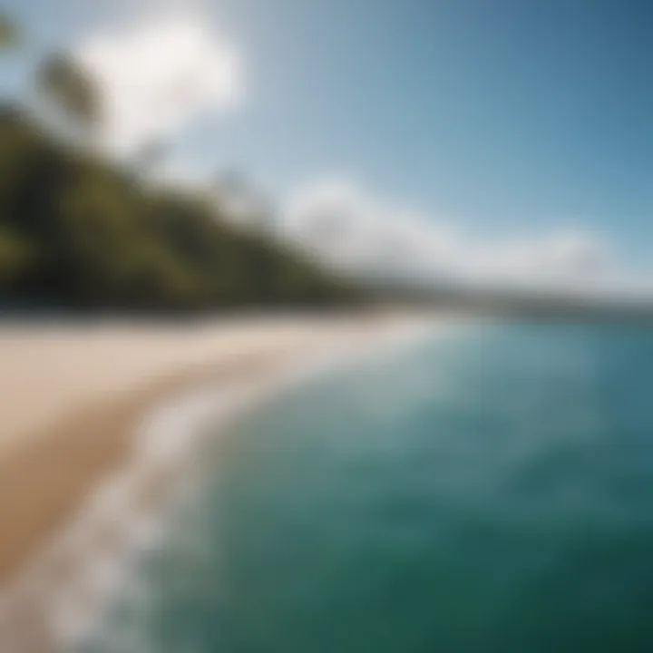 Panoramic view of a popular kitesurfing location with clear blue waters.