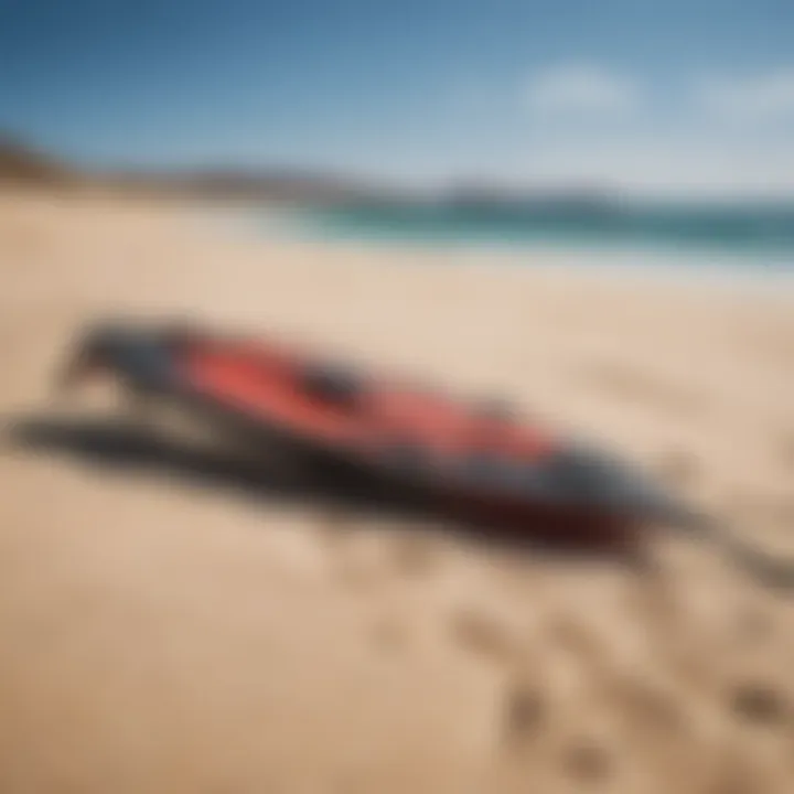 Kitesurfing gear laid out on the sandy beach