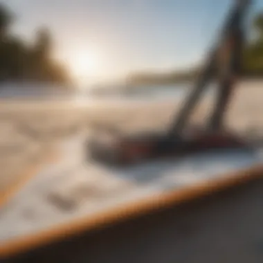 A close-up of kitesurfing equipment showcasing a kite and board ready for action