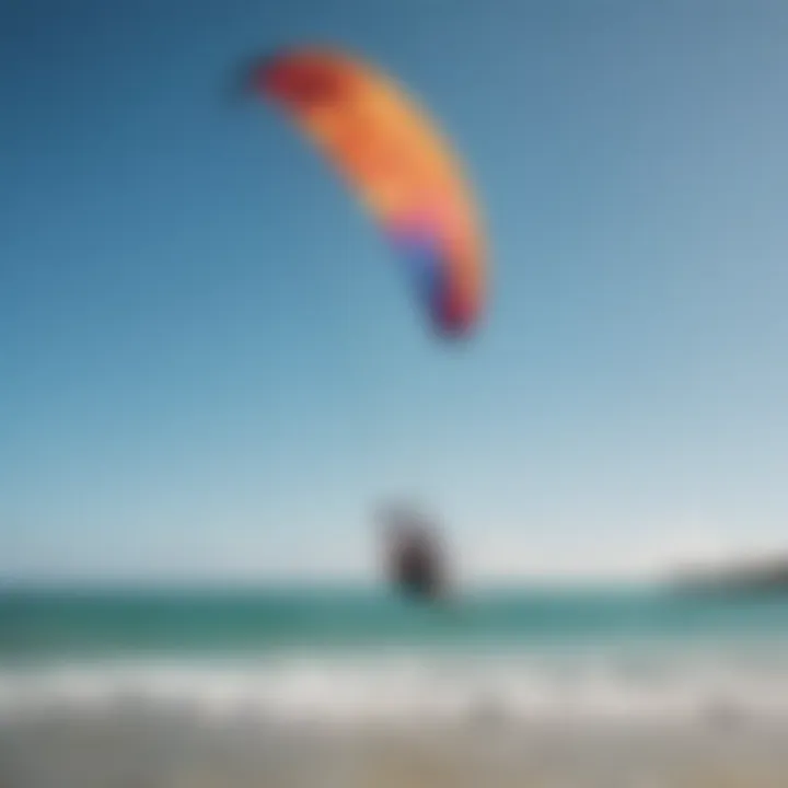 A vibrant kitesurfing scene at Miami Beach capturing colorful kites soaring against a clear blue sky