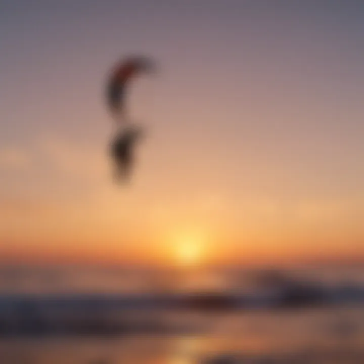 Silhouette of kitesurfer performing high jumps at sunset