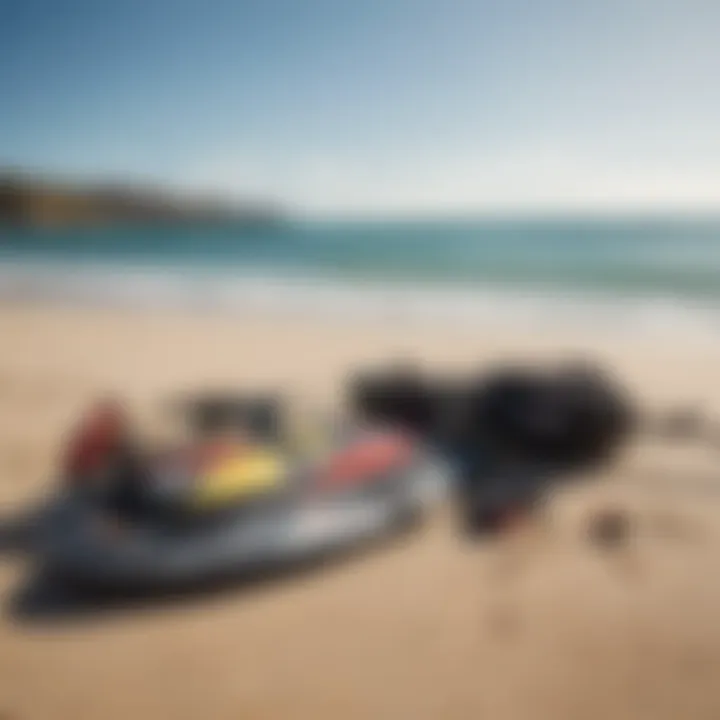 Kitesurfing equipment laid out on the beach