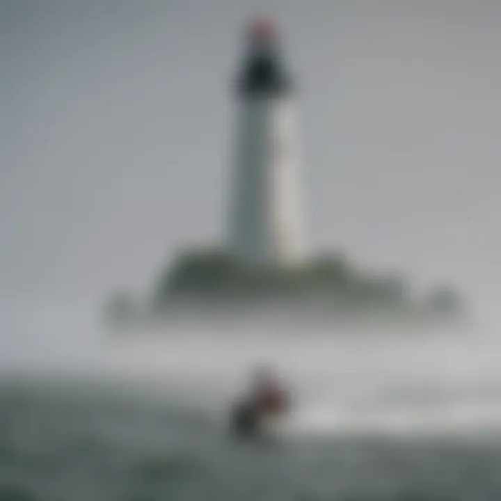 Boat navigating through foggy Lake Erie with lighthouse faintly visible in the background