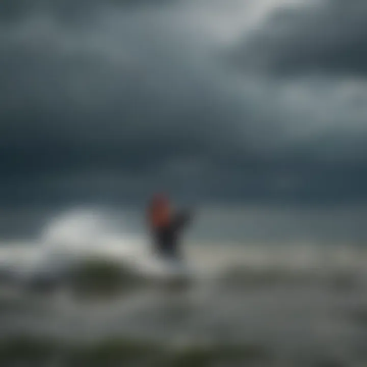 Fisherman casting line into choppy waters of Lake Erie during stormy weather