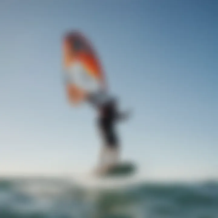 An action shot of a kitesurfer riding with a Liquid Force kite board against a scenic backdrop