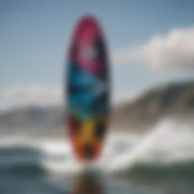 A close-up of a Liquid Force kite board showcasing its unique design and vibrant graphics