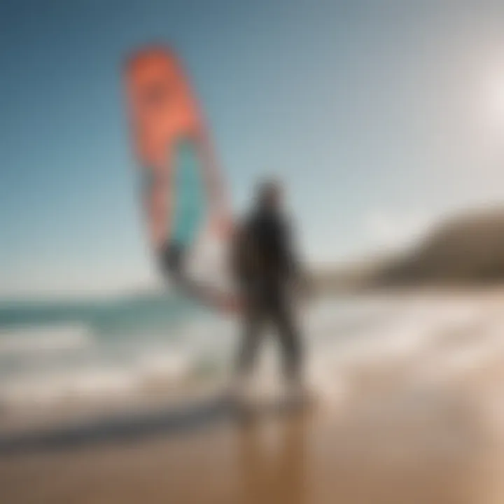 A serene beach setting with a kitesurfer preparing for a session in light winds.