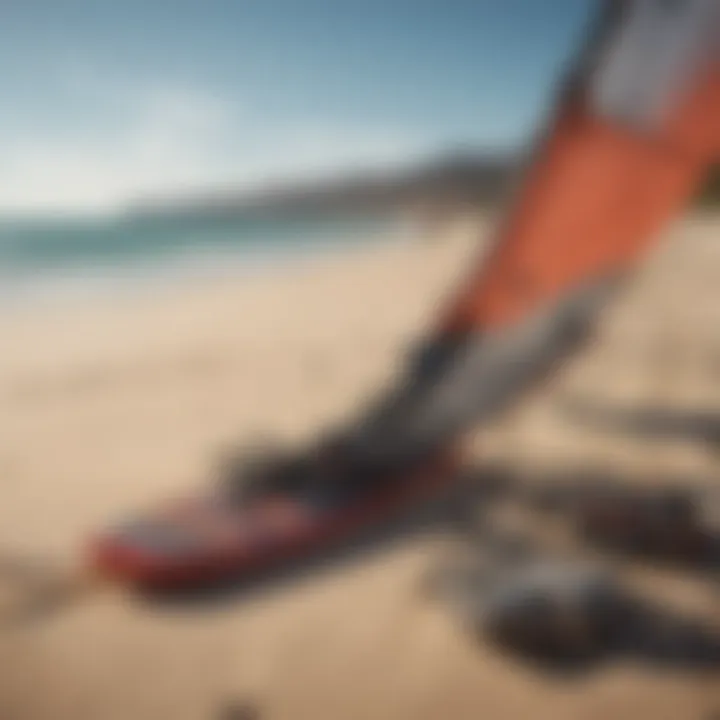 Professional kiteboarding equipment setup on the beach