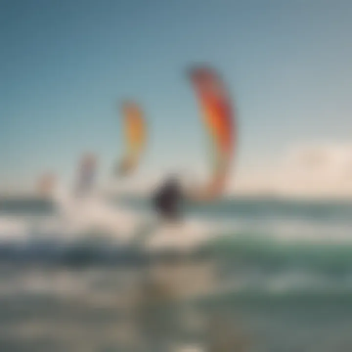 A group of kitesurfers enjoying the waves together