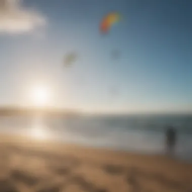 A diverse group of kitesurfers enjoying a vibrant, community-driven beach atmosphere, celebrating their shared passion.