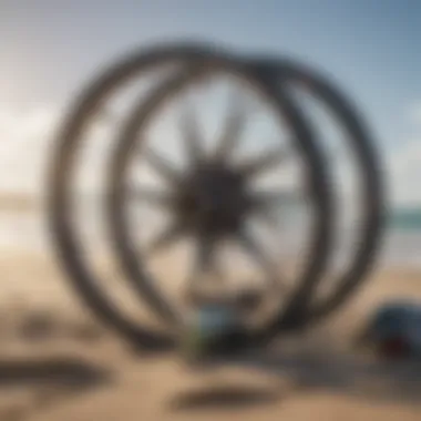 An array of kitesurfing equipment laid out on the beach, showcasing the evolution of gear over the years.