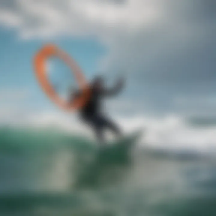 A vibrant kitesurfer gracefully navigating the ocean waves, embodying the spirit of freedom and adventure.