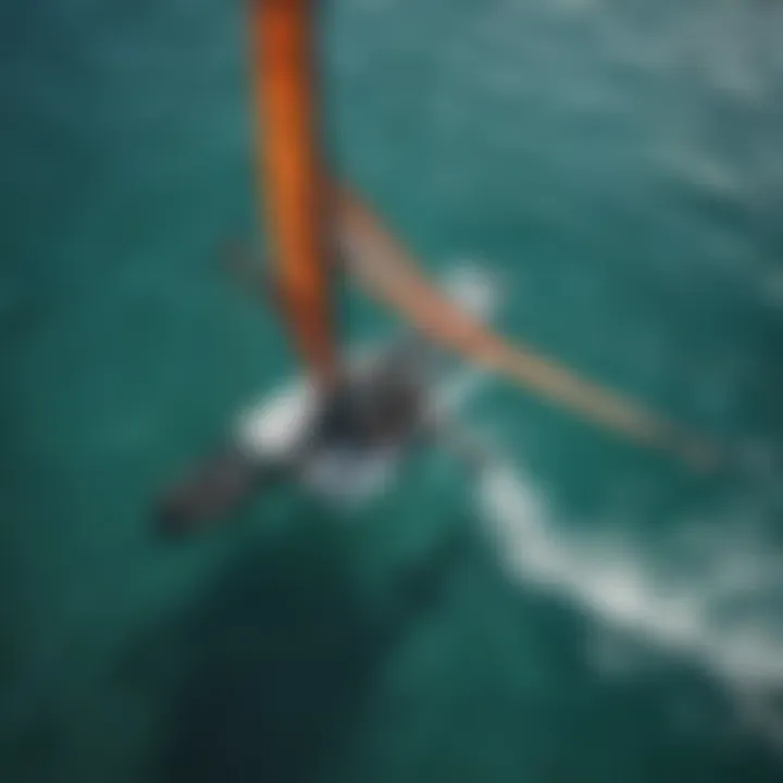 Aerial view of a sleek slingshot foil mast against crystal clear waters