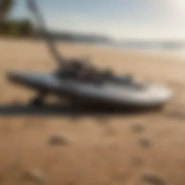 Dynamic kitesurfing equipment setup on a sandy beach