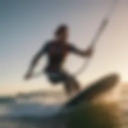 Graceful kite surfer carving through waves