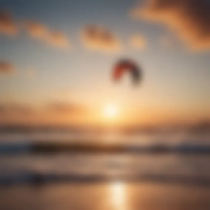 Serene sunset backdrop with kitesurfers silhouetted against the sky