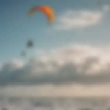 Kitesurfers riding the waves with vibrant kites in the sky