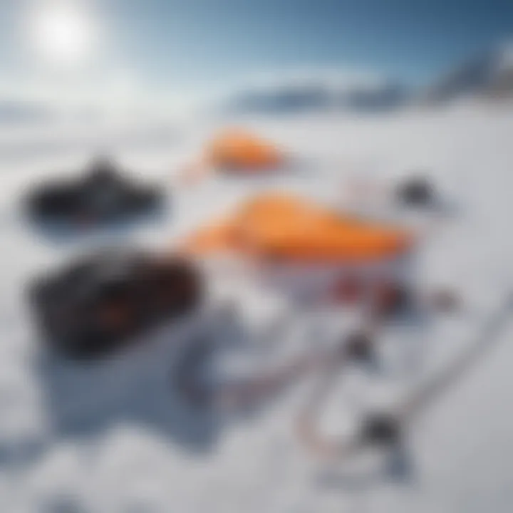 Close-up of essential snow kiting equipment laid out on a snowy surface, highlighting the intricacies of the gear.