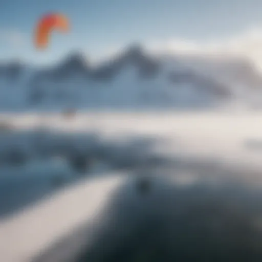 A breathtaking view of snow kiting on the Norwegian fjords, showcasing vibrant kites against a snowy landscape.