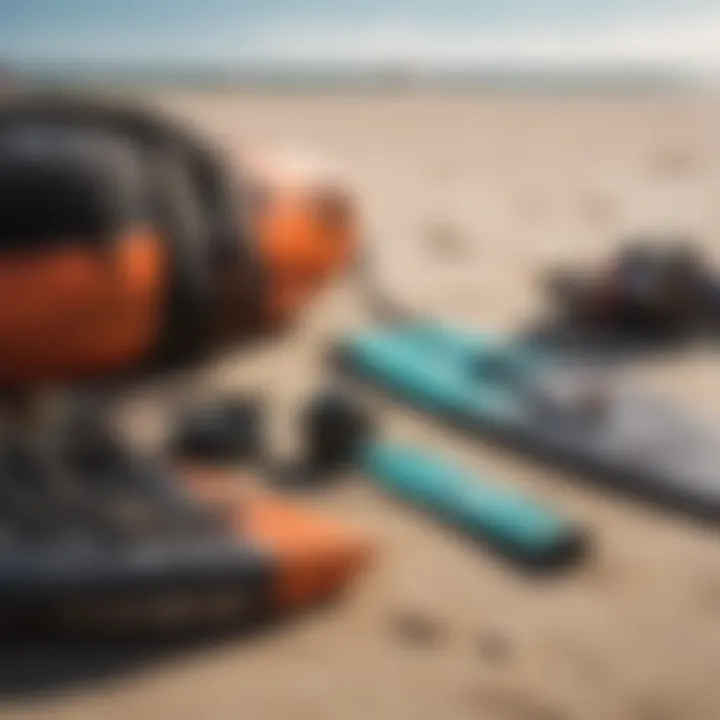 Close-up of kitesurfing gear laid out on the beach, ready for adventure.