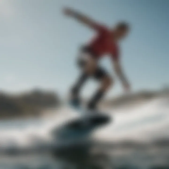 An action shot of a wakeboarder riding a hydrofoil, demonstrating its performance on water.