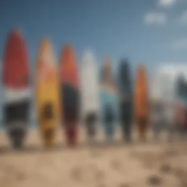 An array of different kiteboards lined up for comparison