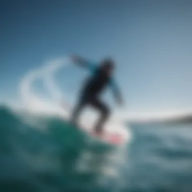 A dynamic action shot of foil boarding in clear blue waters