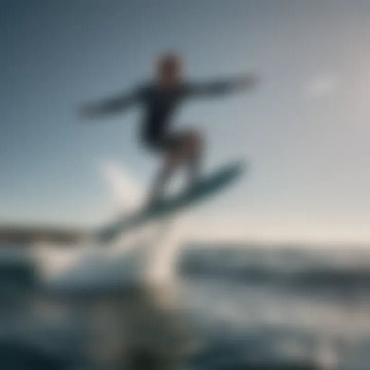 A surfer gracefully gliding above the water on a hydrofoil