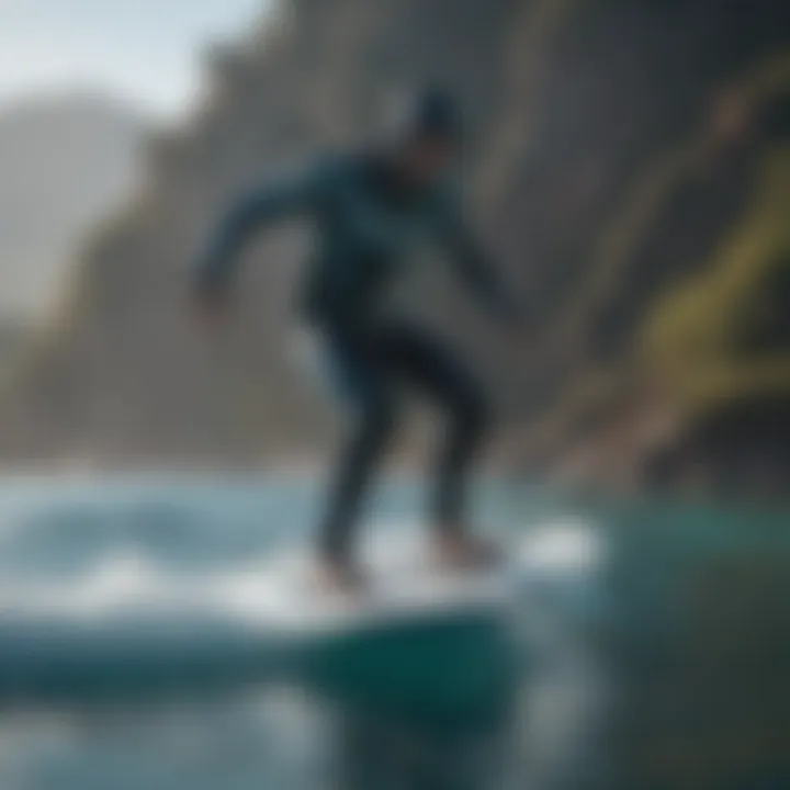 A rider gracefully maneuvering on a water foil surfboard in clear blue waters