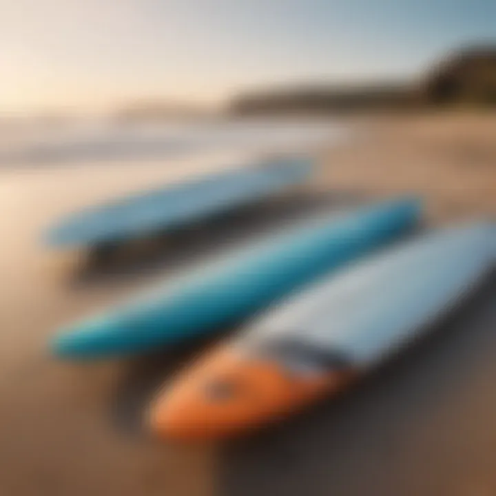 A serene beach setting with water foil surfboards lined up ready for use