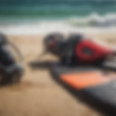 Close-up of high-quality kiteboarding equipment on a beach