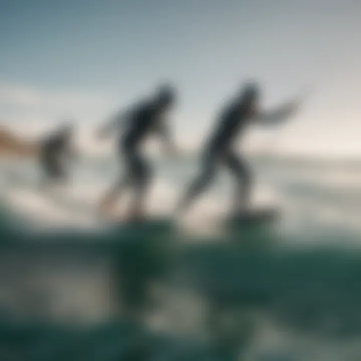 A dynamic scene depicting a group of kiteboarders using foil surfboards in a vibrant ocean setting.