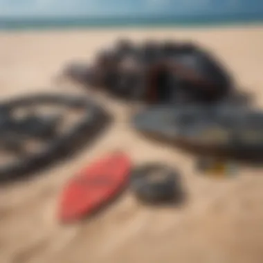 Close-up of essential kitesurfing gear laid out on the sand, showcasing various equipment.